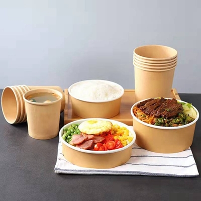 Wegwerfkraftpapier-Suppen-Schalen-Schüssel mit Papierdeckel nehmen das Mittagessen weg, das zum Mitnehmen Kasten verpackt